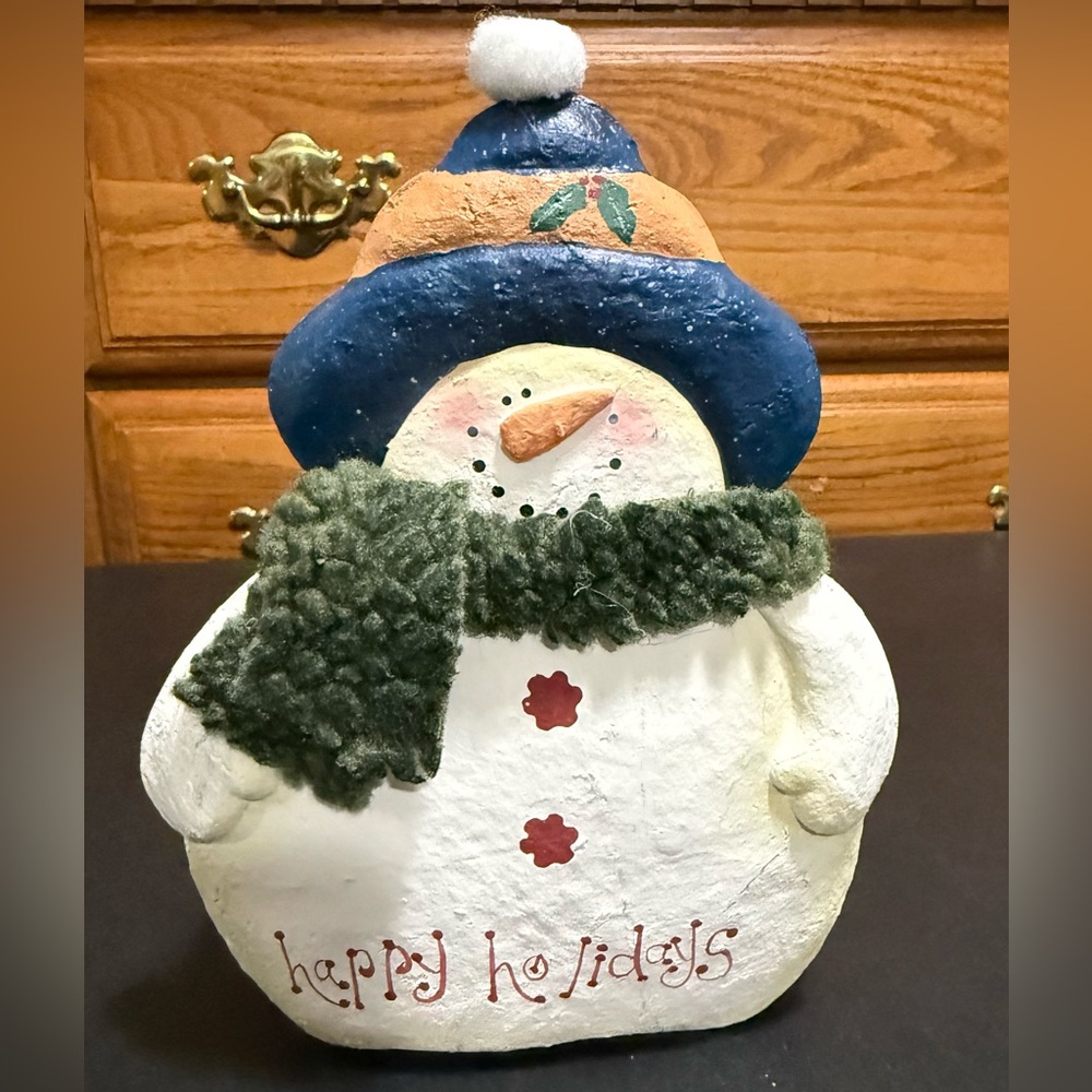 Vintage Festive Snowman Holiday Wooden Basket Decor Blue Hat and Green Scarf